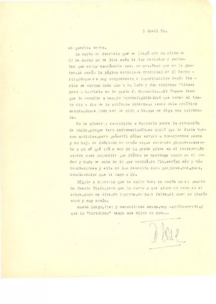 [Carta] 1954 abr. 3, [Santiago, Chile] [a] Doris Dana, [New York]  [manuscrito] Hernán Díaz Arrieta (Alone).