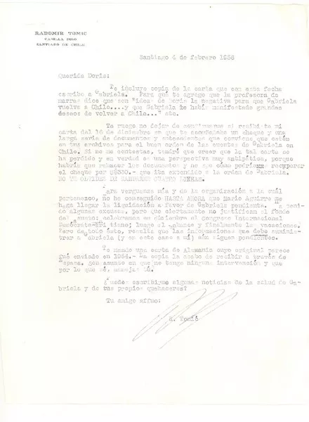 [Carta] 1955 feb. 4, Santiago, Chile [a] Doris Dana, [New York]  [manuscrito] Radomiro Tomic.