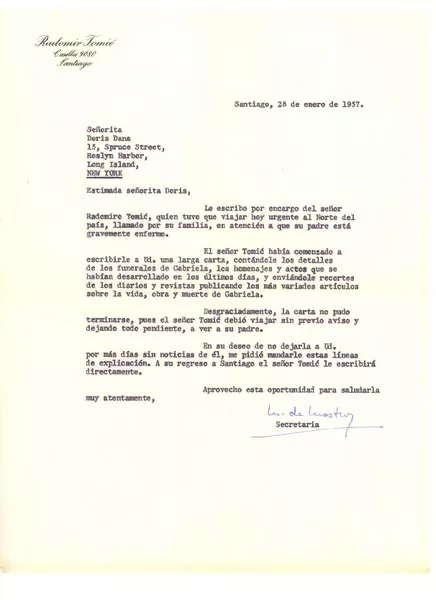 [Carta] 1957 ene. 28, Santiago, Chile [a] Doris Dana, [New York]  [manuscrito] M. de Mostroy.