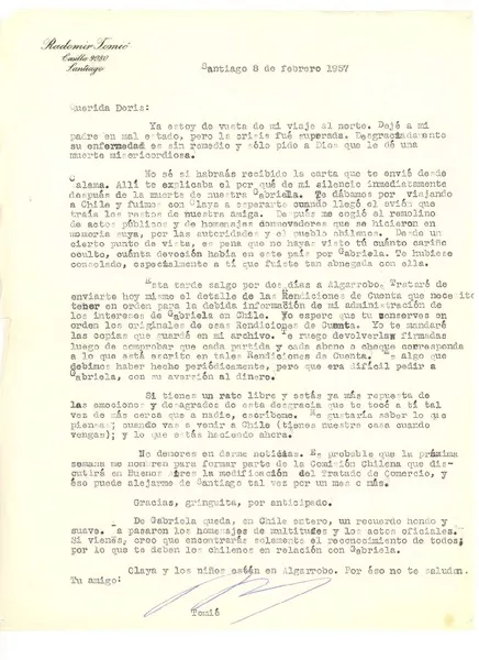 [Carta] 1957 feb. 8, Santiago, Chile [a] Doris Dana, [New York]  [manuscrito] Radomiro Tomic.
