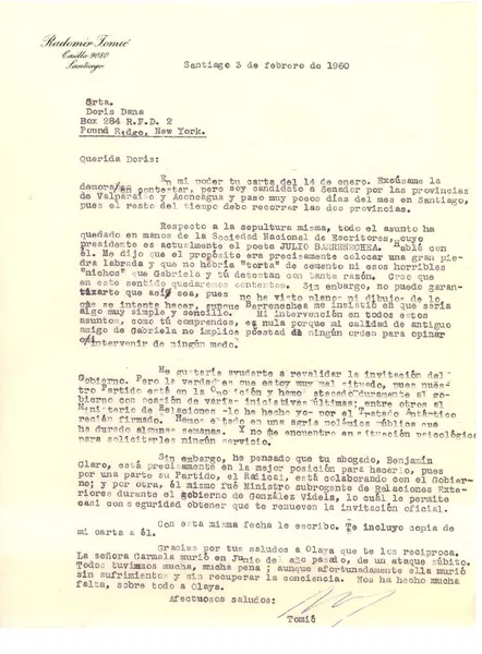 [Carta] 1960 feb. 3, Santiago, Chile [a] Doris Dana, New York  [manuscrito] Radomiro Tomic.