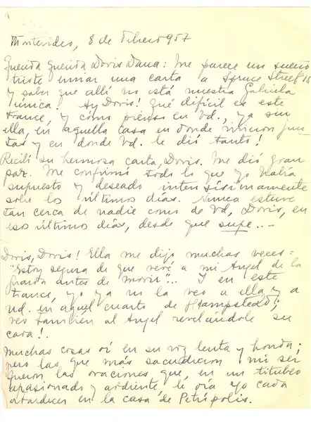 [Carta] 1957 feb. 8, Montevideo, Uruguay [a] Doris Dana, [New York]  [manuscrito] Esther de Cáceres.