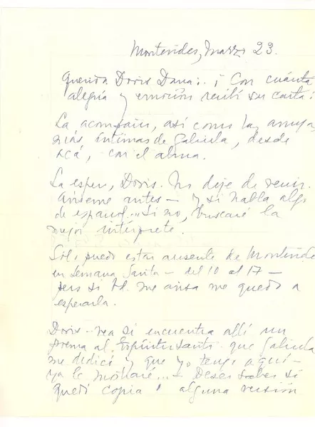 [Carta] [1960?] mar. 23, Montevideo, Uruguay [a] Doris Dana, [New York]  [manuscrito] Esther de Cáceres.