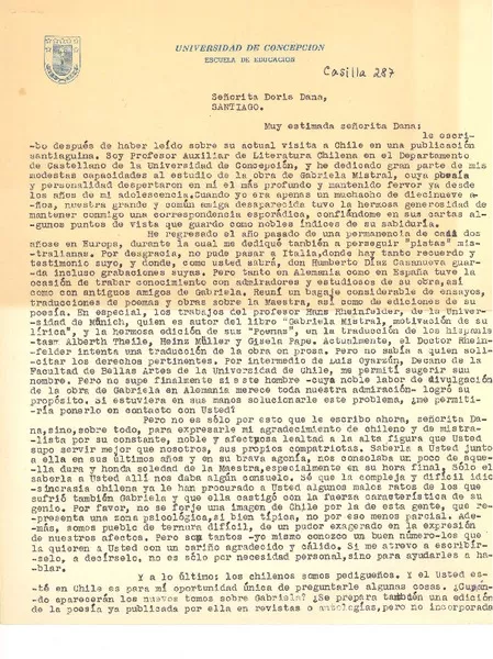 [Carta] [1960], Concepción, Chile [a] Doris Dana, Santiago, [Chile]  [manuscrito] Gastón von dem Bussche.