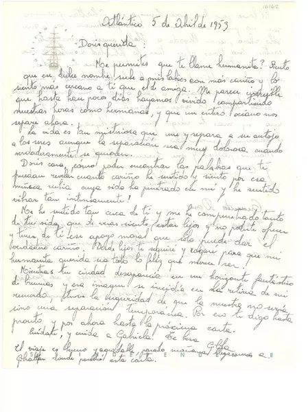 [Carta] 1953 abr. 5, Atlántico [a] Doris Dana, [New York]  [manuscrito] Gilda Péndola Gianollo.
