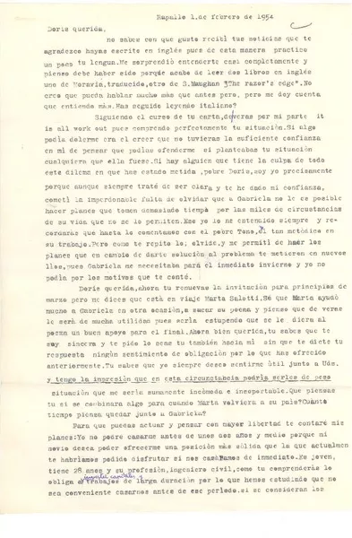 [Carta] 1954 feb. 1, Rapallo, [Italia] [a] Doris Dana, [New York]  [manuscrito] Gilda Péndola Gianollo.