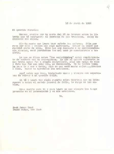 [Carta] 1966 abr. 12, Pound Ridge, New York [a] Marcela Salas P., [Santiago], [Chile]  [manuscrito] Doris Dana.