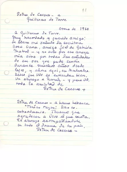 [Carta] 1960, [Montevideo], [Uruguay] [al] Guillermo de Torre, [Buenos Aires], [Argentina]  [manuscrito] Esther de Cáceres.