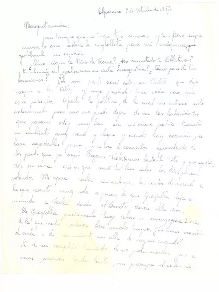 [Carta] 1957, oct. 9, Valparaíso, Chile [a] Margaret [Bates], [New York]  [manuscrito] Gilda Péndola Gianollo.