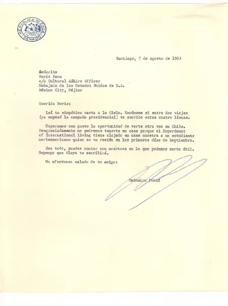 [Carta] 1963, ago. 7, Santiago, Chile [a] Doris Dana, [New York]  [manuscrito] Radomiro Tomic.
