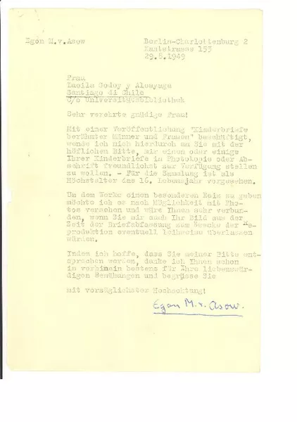[Carta], 1949 ago. 29, Berlin, Alemania [a] [Gabriela Mistral]  [manuscrito] Egon M. von Asow.