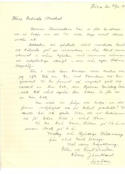 [Carta], 1948 oct. 25, Kövia Yämtland, Suecia [a] Gabriela Mistral  [manuscrito] Knut Linder.