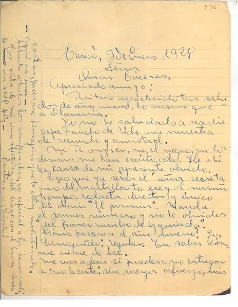 [Carta] 1928 ene. 3, Curico, Chile [a] Luis Omar Cáceres  [manuscrito] Castro.
