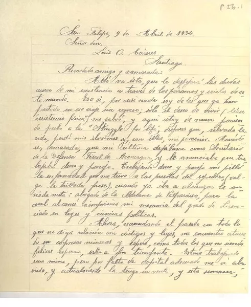 [Carta] 1934 abr. 9, San Felipe, Chile [a] Luis Omar Cáceres, Santiago, Chile  [manuscrito] Francisco Covarrubias Benítez.