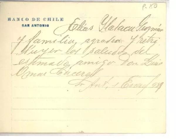 [Tarjeta] 1939 ene. 1, San Antonio, Chile [a] Luis Omar Cáceres  [manuscrito] Elías Ilabaca Guzmán.
