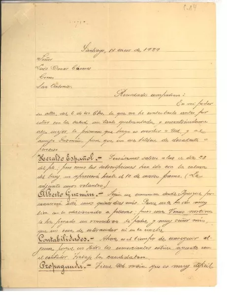 [Carta] 1929 ene. 14, Santiago, Chile [a] Luis Omar Cáceres, San Antonio, Chile  [manuscrito] José Sáenz A.