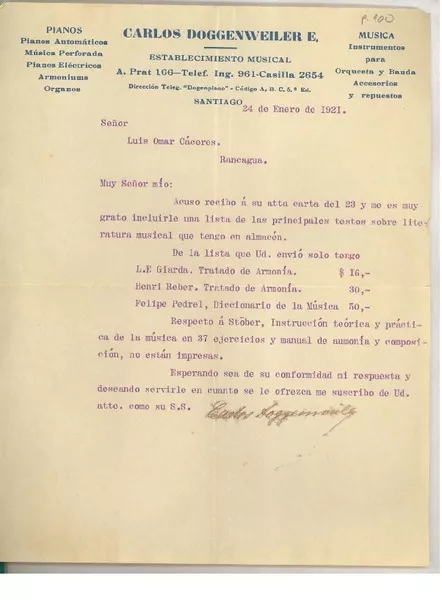 [Carta] 1921 ene. 24, Santiago, Chile [a] Omar Cáceres, Rancagua, Chile  [manuscrito] Carlos Doggenweiler E.