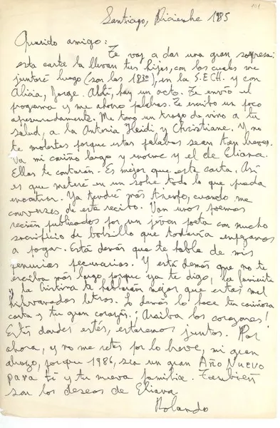 [Carta] 1985 diciembre, Santiago, Chile [a] [Jorge Aravena Llanca]  [manuscrito] Rolando Cárdenas.