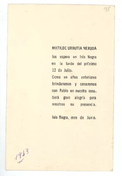 [Tarjeta] [1963] junio, Isla Negra, Chile [a] [Armando Benavente]  [manuscrito] Pablo Neruda y Matilde Urrutia.