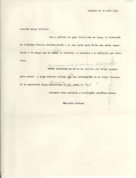[Carta] 1952 may. 28, Nápoles, Italia [a] Sixtina Araya  [manuscrito] Gabriela Mistral.