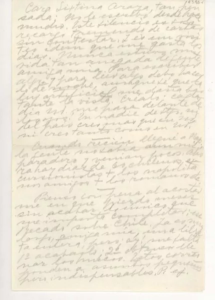 [Carta] 1952 junio, Nápoles, Italia [a] Sixtina Araya  [manuscrito] Gabriela Mistral.