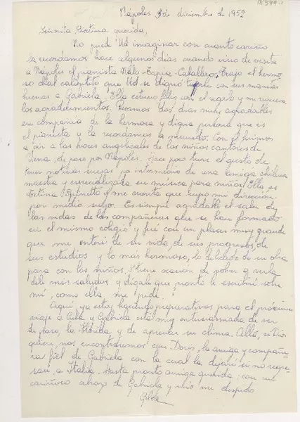 [Carta] 1952 dic. 3, Nápoles, Italia [a] Sixtina Araya  [manuscrito] Gilda Péndola.