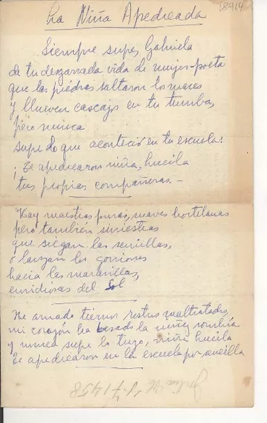 La niña apedreada  [manuscrito] Sixtina Araya.