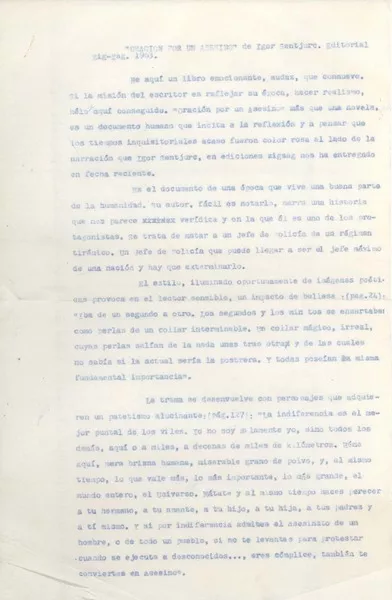 Oración por un asesino de Igor Sentjurc  [manuscrito] Ximena Adriazola (Florete).