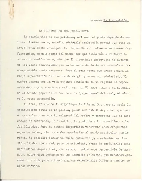 La transmisión del pensamiento  [manuscrito] Braulio Arenas.