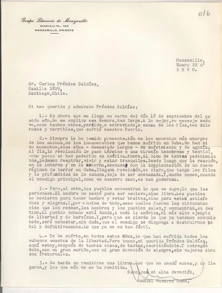 [Carta] 1960 ene. 22, Manzanillo, Oriente, Cuba [a] Carlos Préndez Saldías  [manuscrito] Manuel Navarro Luna.