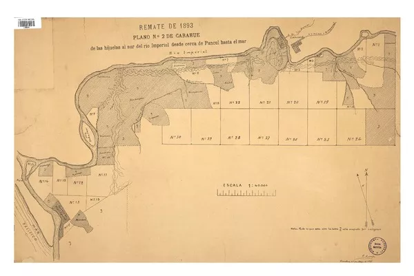 Remate de 1893 plano no. 2 de Carahue de las hijuelas al sur del Río Imperial desde cerca de Pancul hasta el mar. [material cartográfico] :
