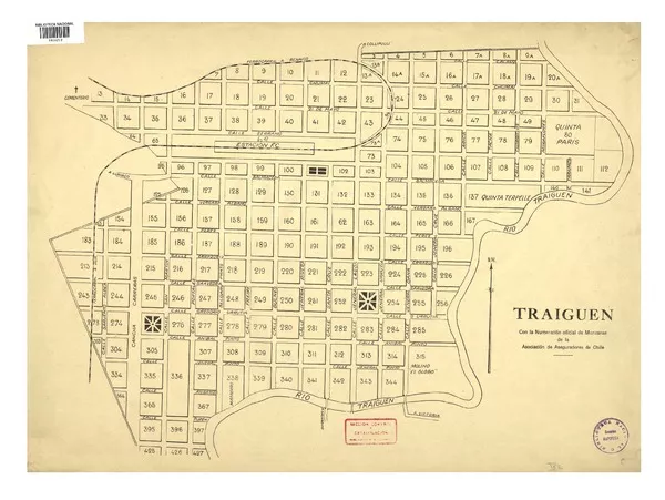 Traiguén con la numeración oficial de manzanas [material cartográfico] : de la Asociación de Aseguradores de Chile.
