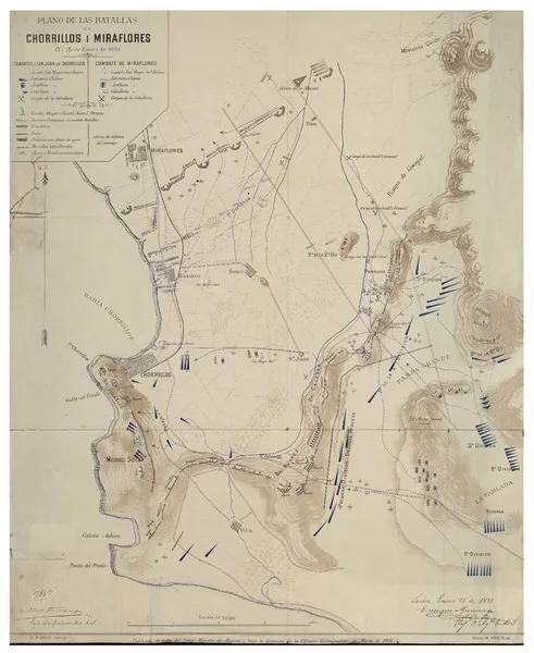 Plano de las batallas de Chorrillos i Miraflores, 13 i 15 de enero de 1881  [material cartográfico].