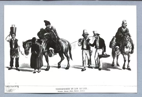 Vendedores en las calles : heladero, brevero, velero, dulcero, lechero. [fotografía].