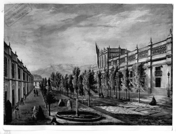 [Casa de Moneda de Santiago del siglo 19. Se divisa avenida con árboles]  [fotografía].