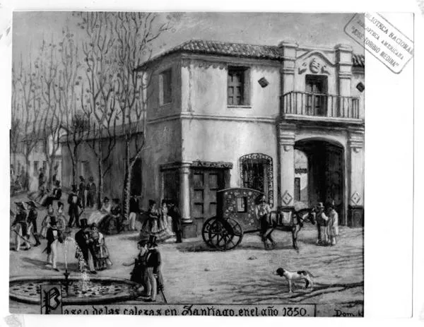 [Plaza y construcciones de la colonia, con personas de vestimentas elegantes, junto a una fuente, y a un carruaje; pintura titulada "Paseo de las Calezas en Santiago en el año 1850"]  [fotografía].