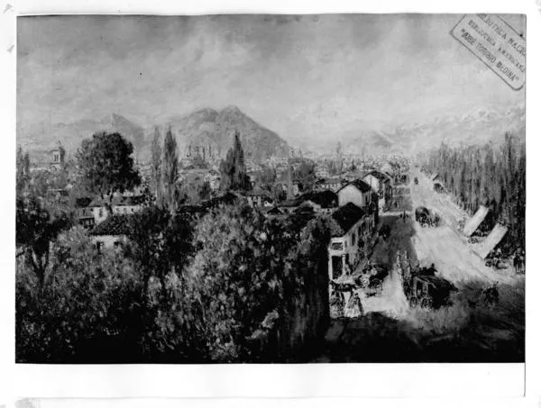 [Vista de una calle con casas de Santiago de 1863]  [fotografía].