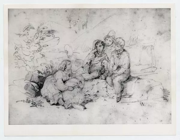 [Dibujo de unos niños observando a una mujer que trasquila una oveja]  [fotografía].