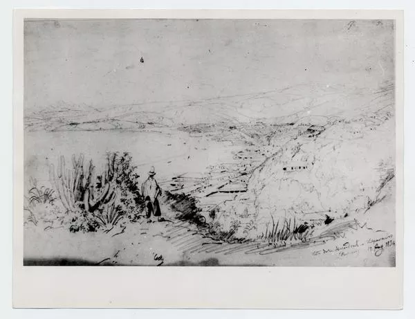 [Dibujo del puerto de Valparaíso, sector del Almendral. Vista desde un cerro, con un hombre mirando hacia el puerto]  [fotografía].