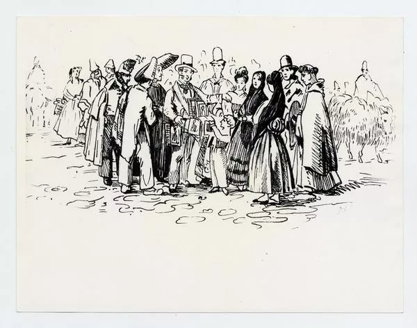 [Grupo de mujeres y hombres alrededor de un vendedor de santos, titulado "El vendedor de estampas" 1838].  [fotografía].