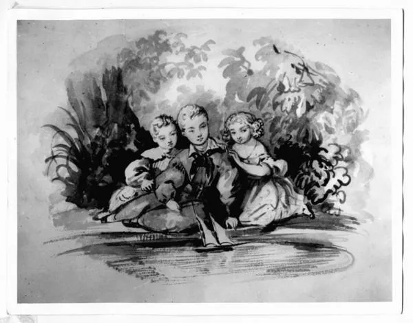 [Dibujo de tres niños sentados en el suelo, entre unos arbustos]  [fotografía].