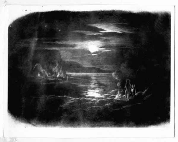[Paisaje nocturno del reflejo de la luna en la desembocadura del Río Maule. Puerto de Constitución]  [fotografía].