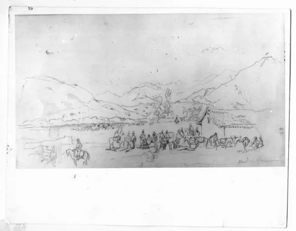 [Dibujo de la hacienda de Chanco, con campesinos y caballos en sus alrededores, de fondo las montañas]  [fotografía].