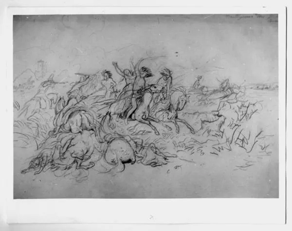 [Dibujo de una batalla del pueblo araucano, "El ataque de los indios a un puesto chileno"  [fotografía].