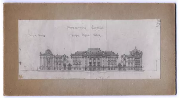 [Biblioteca Nacional, dibujo de la fachada por calle Moneda]  [fotografía].