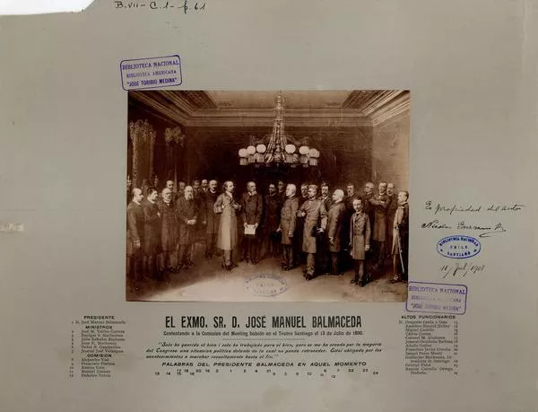 [Conflicto entre el gobierno del Presidente Balmaceda y el Congreso]: El Exmo. Sr. D. José Manuel Balmaceda contestando a la Comisión del Meeting habido en el Teatro Santiago el 13 de julio de 1890  [fotografía].