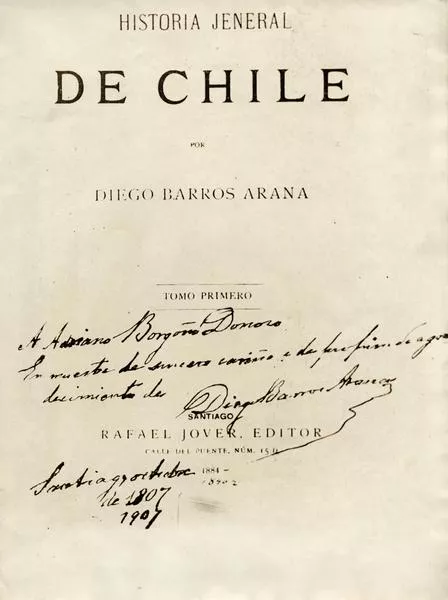 Portada del libro "Historia General de Chile", de Diego Barros Arana: Tomo primero, 1884  [fotografía].