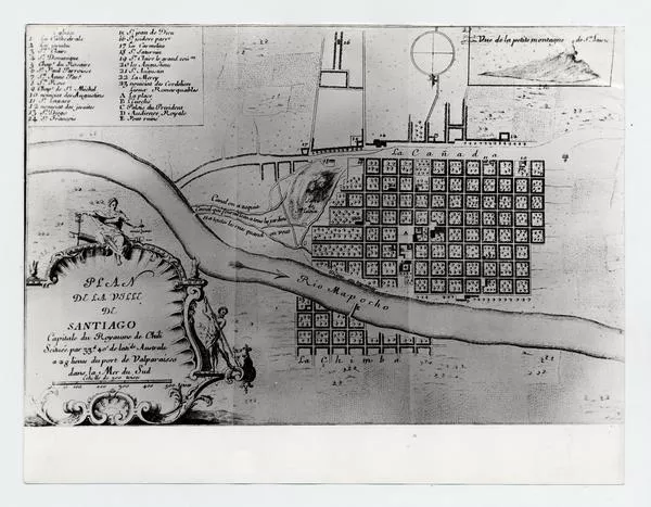 Plan de la Ville de Santiago, Capitale du Royaune de Chili : scituée par 33d. 40'de lati.de australe a 28 lieues du port de Valparaisso dans la Mer du Sud  [fotografía].
