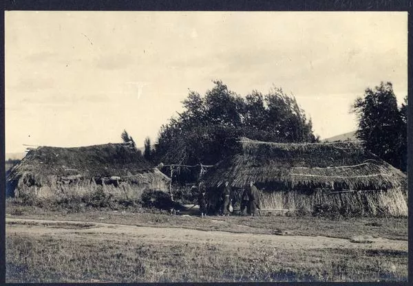 [Dos Mujeres y un niño mapuche afuera de una ruca]  [fotografía]