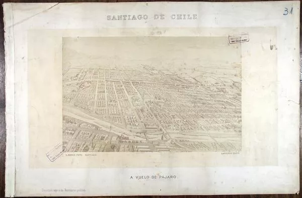 [Vista panorámica de Santiago, títulado "Santiago de Chile : a vuelo de pájaro"]  [fotografía] L. Mook Foto